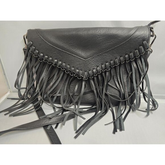 Black Leather Fringe Crossbody Bag biker goth grunge whimsygoth - Picture 1 of 6